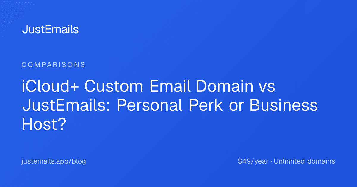 Cover for iCloud+ Custom Email Domain vs JustEmails: Personal Perk or Business Host?