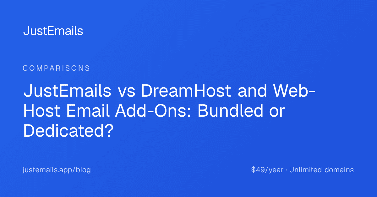 Cover for JustEmails vs DreamHost and Web-Host Email Add-Ons: Bundled or Dedicated?
