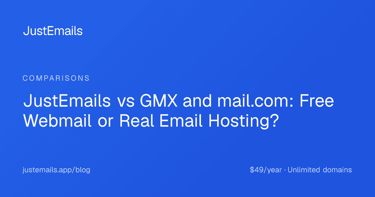 Cover for JustEmails vs GMX and mail.com: Free Webmail or Real Email Hosting?