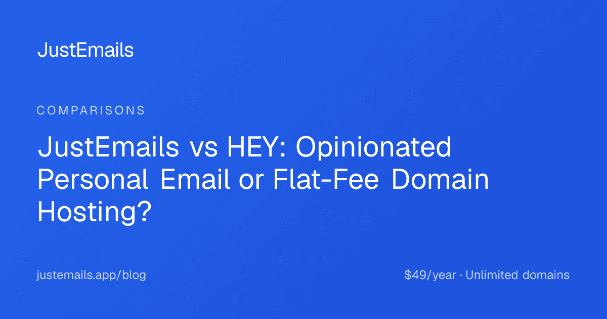 Cover for JustEmails vs HEY: Opinionated Personal Email or Flat-Fee Domain Hosting?