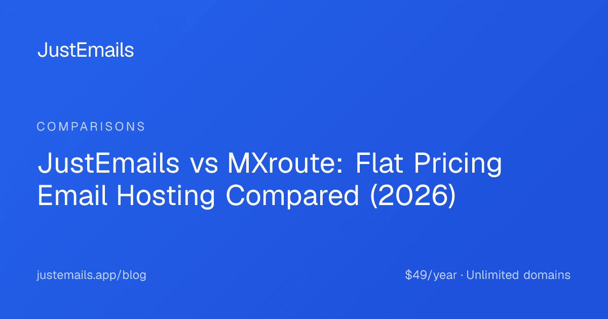 Cover for JustEmails vs MXroute: Flat Pricing Email Hosting Compared (2026)