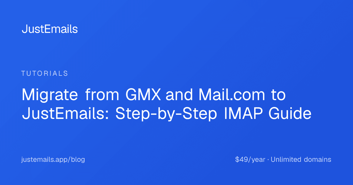 Cover for Migrate from GMX and Mail.com to JustEmails: Step-by-Step IMAP Guide