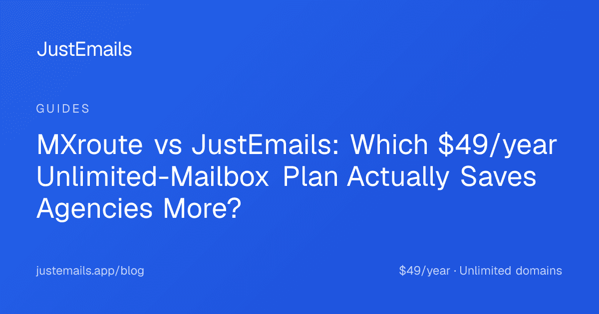 Cover for MXroute vs JustEmails: Which $49/year Unlimited-Mailbox Plan Actually Saves Agencies More?